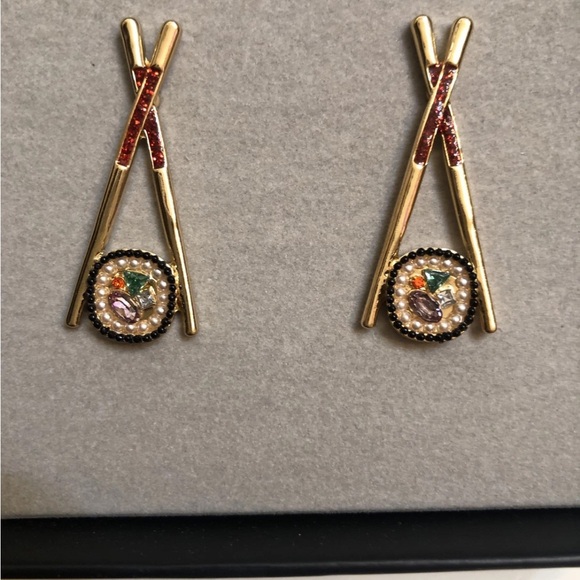 BaubleBar Gold Tone Chopsticks & Sushi Roll Drop Earrings Crystal Accents NIB - Picture 8 of 10
